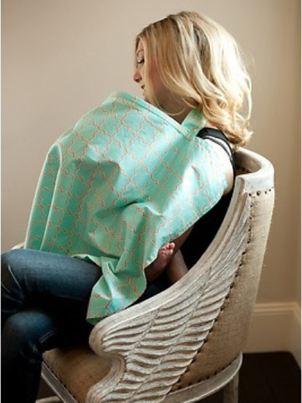 Udder Covers Nursing Cover in Aqua and Tan Geometric Print - Picture 2 of 9